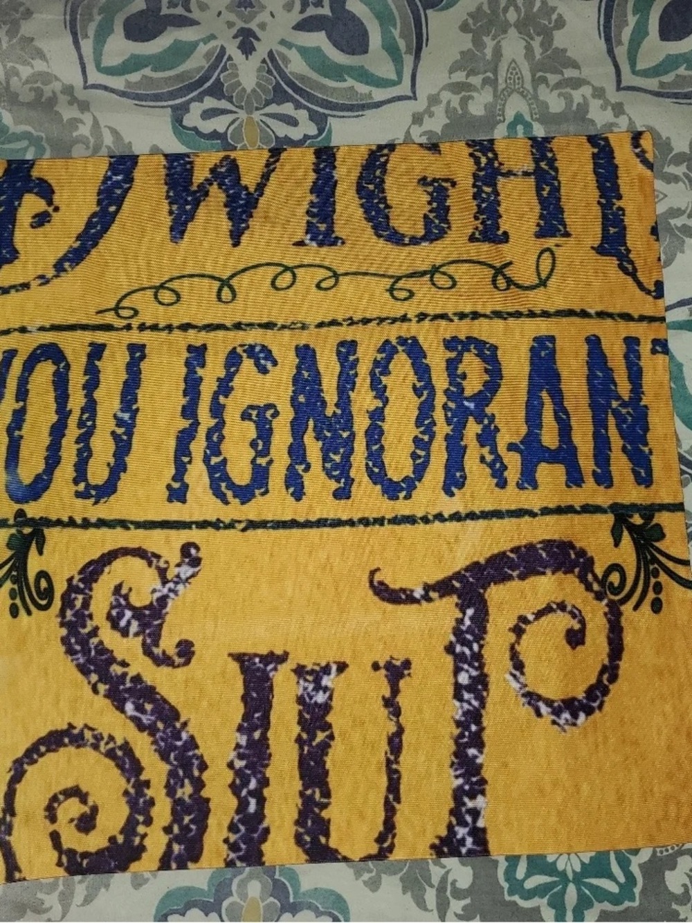 Yellow Textured Throw Pillow Cover with Blue Script